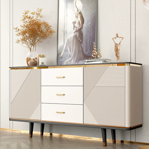 Elegant sideboard with Two Pack Gold Cabinet Handles 5 Inch Center To Center Solid Zinc Alloy Brushed Gold Kitchen Drawer Pulls.