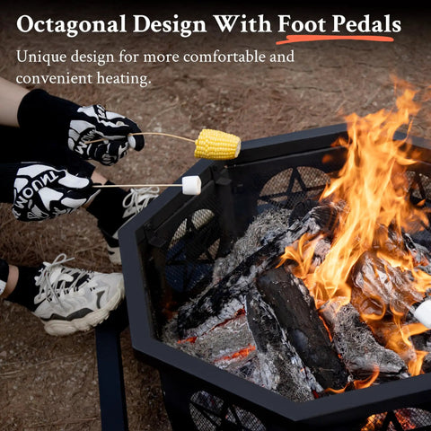 Person roasting corn and marshmallow over a 35 Inch Octagonal Wood Burning Fire Pit With Rectangular Cooking Grill 26 Inch Long And 10 Inch Wide For Outdoor Backyard Patio Camping Bonfires Heavy Duty Durable Firepit With Grilling Capability.