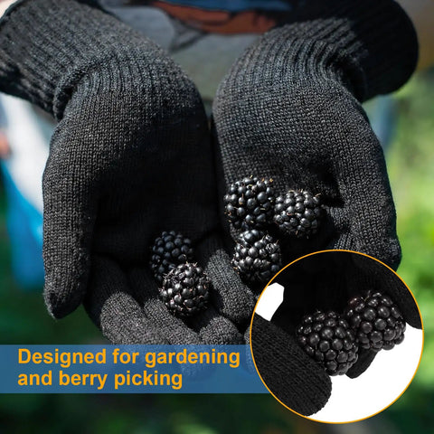 2 Pairs Long Gardening Gloves For Berry Picking And Pruning, Thorn Proof, holding fresh blackberries, close-up view