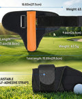 Golf Wrist Brace And Swing Trainer For Ambidextrous Use with measurements, on a golf course background