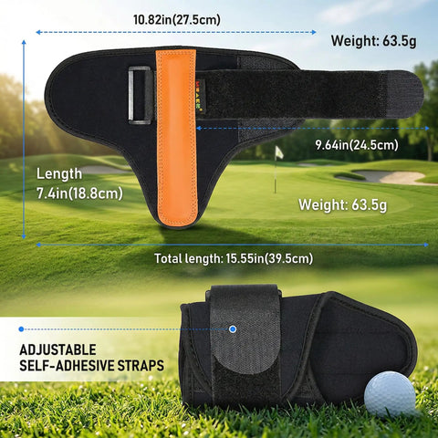 Golf Wrist Brace And Swing Trainer For Ambidextrous Use with measurements, on a golf course background