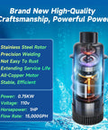 Beast Floating Pond Fountain Aerator 1HP 110V Pump Delivers 15000 GPH showing motor and features list.