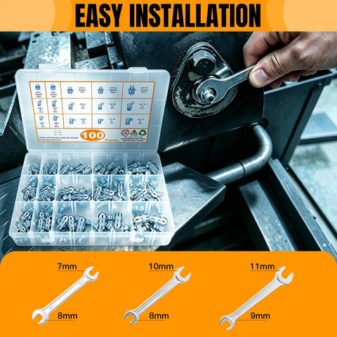 Solid Alloy Grease Nipple Fitting Kit 100 Pieces Sae And Metric Assortment M6 M8 M10 With 1/4 And 1/8 Inch Zinc Plated Rust Proof Seal For Heavy Duty Car Truck Maintenance And Auto Repair Jobs grease fittings in storage box, 7mm to 11mm wrench sizes