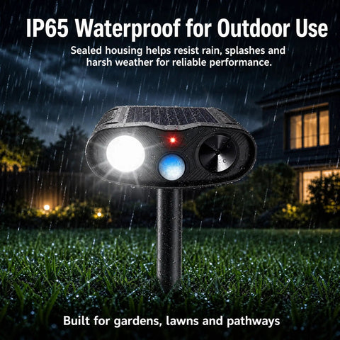 Solar Ultrasonic Animal Repeller With Motion Sensor Light Outdoor Deterrent To Keep Deer Raccoons Squirrels Rabbits Skunks Out Of Your Garden Easy Install Weatherproof Durable Yard Guardian, IP65 in rain
