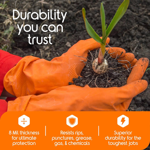 Inspire heavy-duty orange nitrile gloves, 8 mil with diamond-textured grip, holding a small plant seedling in soil