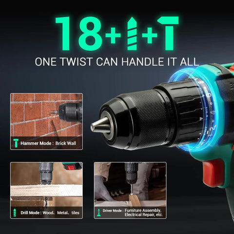 Close-up of the 20V Brushless Cordless Hammer Drill With Impact Delivers 492 Inch Pounds Of Torque Half Inch All Metal Keyless Chuck