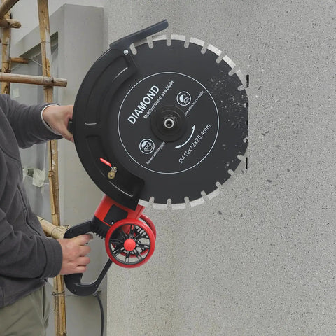 Heavy Duty 16 Inch Electric Concrete Saw With 4000 Watt Copper Motor, user cutting through wall with diamond blade.