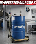 Heavy Duty Workhorse Three To One Air Operated Oil Pump Kit Featuring Digital Meter Gun over blue motor oil drum in workshop.