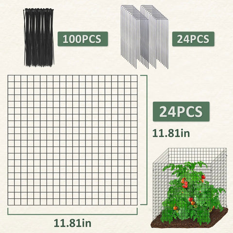 24 Pack DIY Metal Plant Protectors For Deer, Garden Fence Barrier, Square Mesh Plant Cages With Stakes And Nylon Cables