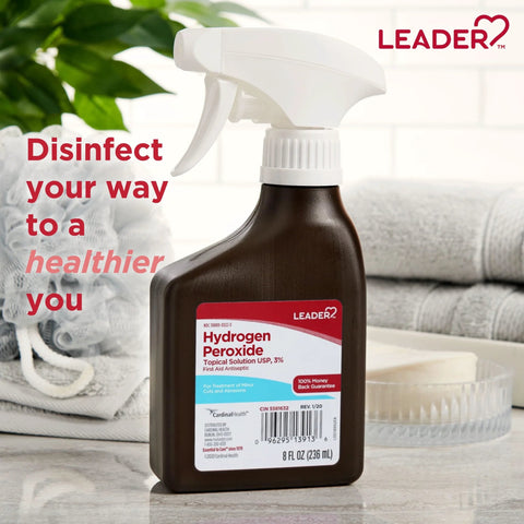 Leader Hydrogen Peroxide spray bottle, 8 oz, brown plastic with white trigger spray