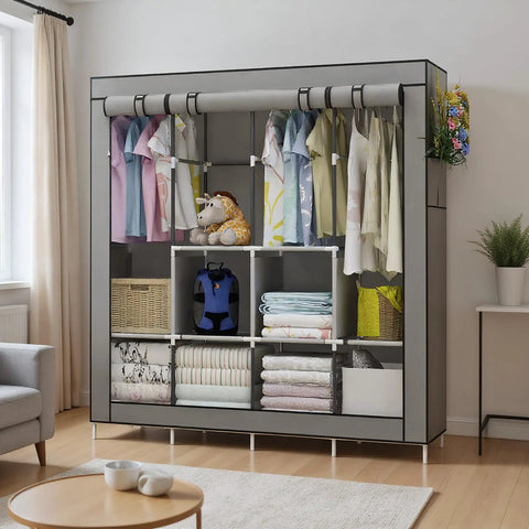 Portable Wardrobe Organizer With Six Roomy Shelves And Four Hanging Sections, Four Side Pockets, Grey Garment Closet System For Clothes Storage