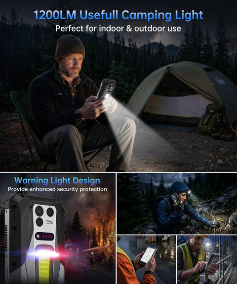 Boss Level Durable Tank 5 5G Esim Unlocked Smartphone Featuring Insane 220 Lumens Built In Projector And Killer 6.73 Inch 3K Amoled Display For Game Changing Android 16 Performance Daily used as a camping light by a man sitting.
