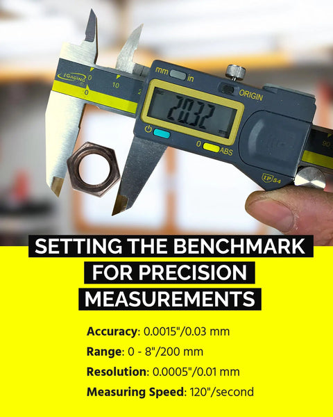 Absolute Origin Digital Caliper 0-8 Inches, IP54 Stainless Steel, SPC USB Output, Inch And Metric Modes measuring nut