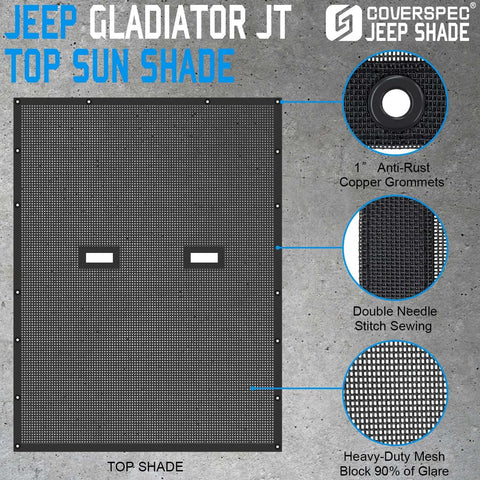 Coverspec JT Jeep Gladiator top sun shade panel in black heavy-duty mesh with copper grommets