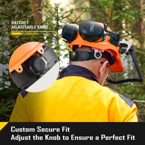 Back view of 3 In 1 Chainsaw Helmet With Metal Mesh Face Shield And Adjustable Earmuffs For Hearing Protection, in use.