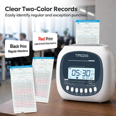No Sweat Punch Card Time Clock For Employees And Small Business Crews Featuring Six US Time Zones Automatic Daylight Saving Sync Plug And Play Work Hour Logger Comes Ready To Roll With Fifty Preprinted Cards And Two Ribbons displaying two-color attendance cards and digital time display.