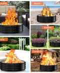 Collage shows 60 Inch Extra Large Fire Pit Ring For Outdoors Built Tough And Heavy Duty Wood Burning Pits And Outdoor Fireplaces 12 Inch Tall High Heat Resistant Galvanized Steel Fire Bowl Portable For Backyard Bonfire Patio Camping in various outdoor settings like backyard, beach, garden, patio, and campsite, with vibrant flames in each scenario.