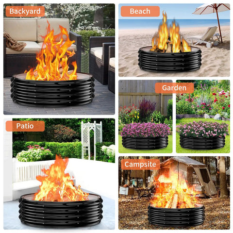 Collage shows 60 Inch Extra Large Fire Pit Ring For Outdoors Built Tough And Heavy Duty Wood Burning Pits And Outdoor Fireplaces 12 Inch Tall High Heat Resistant Galvanized Steel Fire Bowl Portable For Backyard Bonfire Patio Camping in various outdoor settings like backyard, beach, garden, patio, and campsite, with vibrant flames in each scenario.