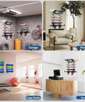 Heavy Duty Carbon Steel 4 Layer Skateboard Wall Mount Rack Snowboard Ski Display Holder in garage, home, yoga studio, and store setup.