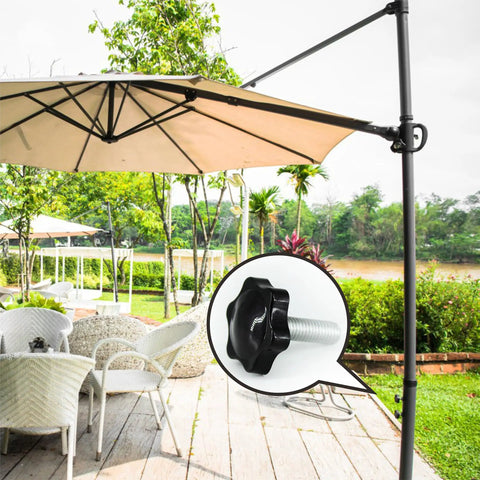 Heavy Duty M8 Star Knobs 4 Pack Solid Steel Core Handles For Patio Umbrella Base close-up of knob on umbrella for easy setup.