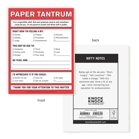 Paper Tantrum Nifty Note Pad Classic Edition with 50 Sheets, 4x5.25 inches, featuring passive aggressive notes, front and back view.
