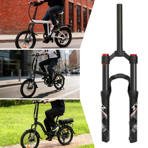 20 Inch Mountain Bike Front Suspension Air Fork With 120 To 140 Millimeter Travel 100 Millimeter Hub Spacing One And One Eighth Inch Straight Steerer Manual Lockout Quick Release Fits Up To Two And A Half Inch Tires Black next to foldable bikes
