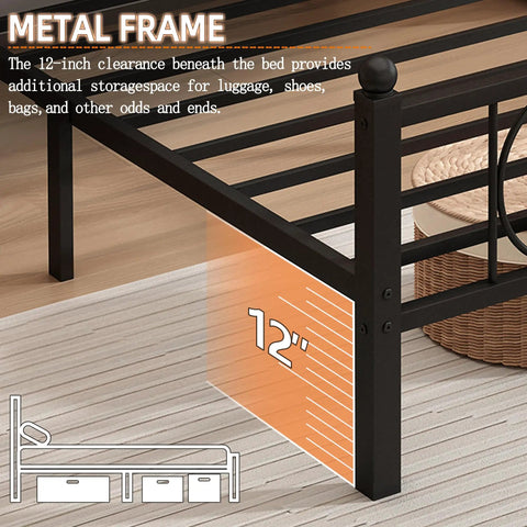Top Tier Full Bed Frame With Sleek Headboard And Zero Groan Steel Base showcases 12-inch clearance for storage beneath.