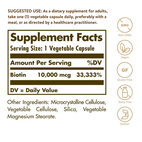 Supplement facts panel for Biotin 10000 MCG Vegetarian Capsules For Energy Metabolism And Healthy Skin Nails Hair Super High Potency