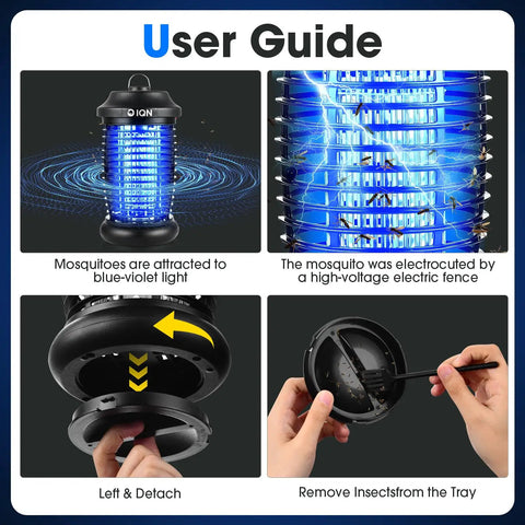 User guide for Outdoor Bug Zapper Plug In Electric Mosquito Killer With 15W UV Light And 4200V Grid showing setup and operation