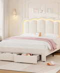 Full Size Beige Velvet Platform Bed Frame With Soft Led Lighting And Dual Gliding Storage Drawers Plus Adjustable Wavy Headboard Built In Charging Ports And Sturdy Wood Slats For Legit Comfy Sleep Zero Box Spring Hassle in a bright bedroom.