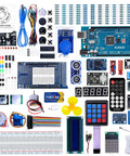 Mega R3 Arduino Starter Kit With 200 Plus Components, LCD1602 Display, GY-521 Sensor, layout of parts including circuit boards and sensors
