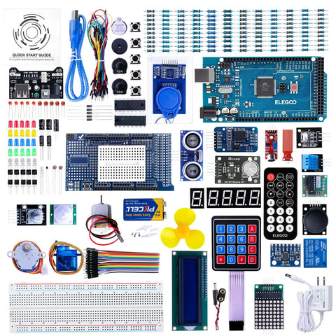 Mega R3 Arduino Starter Kit With 200 Plus Components, LCD1602 Display, GY-521 Sensor, layout of parts including circuit boards and sensors