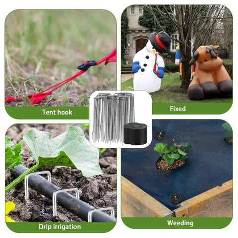 Heavy Duty U Shaped Galvanized Landscape Fabric Pins 200 Pack 6 Inch Garden Stakes With 100 Gaskets for securing tent, garden decorations, drip irrigation, and weed barriers.