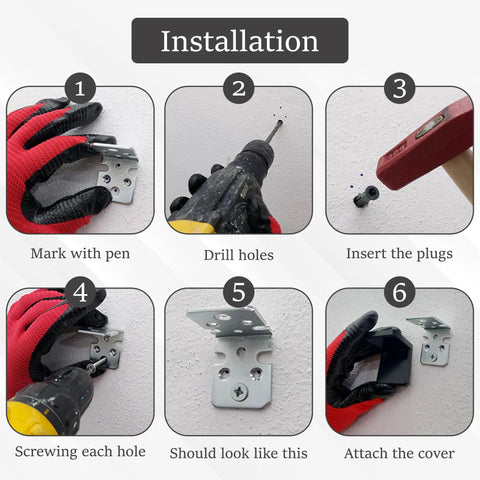 Installation guide showing steps for Heavy Duty Stainless Steel L Brackets With Black Protective Caps Pack Of 100.
