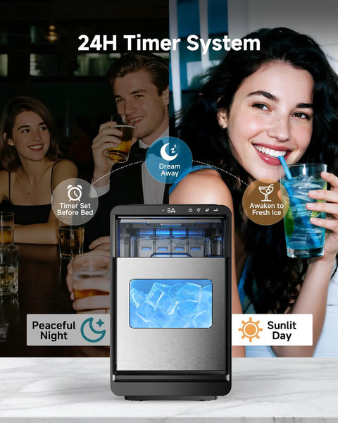 Crescent Ice Maker Countertop With Self Cleaning And Timer Delivers 16 Crystal Clear Crescent Ice In Just 12 Minutes 35 Lbs Per Day Party Ready For Home Office Or Party with group enjoying drinks
