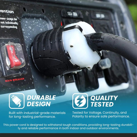 Heavy Duty Nema L15-30 Extension Power Cord 30 Amp 250 Volt 25 Foot 8/4 Soow Generator Cable plugged into a generator.