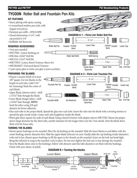 Top Shelf Gold Fountain Pen Turning Kit Featuring Dual Barrel Design And Solid Threads With Black Ink Cartridge. Instruction sheet with diagrams.