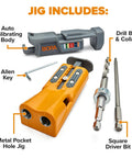 Heavy Duty Aluminum Pocket Hole Jig Kit With Auto Calibrating Clamp System And Fifty Premium Wood Screws For Knockout Furniture Joinery Right Out The Box Includes Square Drill Bit And Stop Collar Built Solid parts including drill bit, collar, and Allen key.