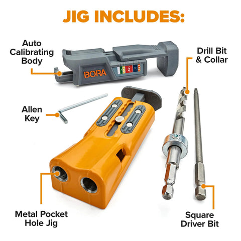 Heavy Duty Aluminum Pocket Hole Jig Kit With Auto Calibrating Clamp System And Fifty Premium Wood Screws For Knockout Furniture Joinery Right Out The Box Includes Square Drill Bit And Stop Collar Built Solid parts including drill bit, collar, and Allen key.