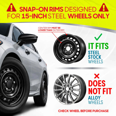 15 Inch Steel Wheel Hubcaps With Durable Metal Retention Rings, universal fit diagram for most cars trucks SUVs and vans