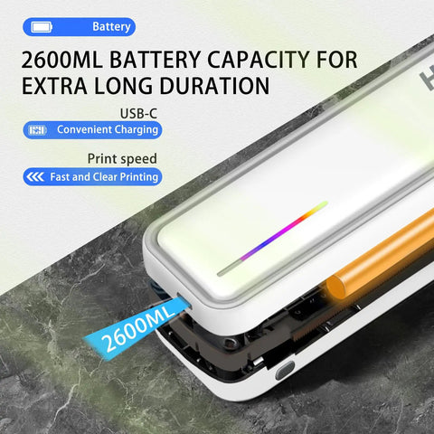 Fly Portable Thermal Printer Bluetooth Wireless Inkless Home Office Travel Buddy Compatible With Smartphones And Laptops For Tattoos And Snappy Prints Includes Fresh Paper Rolls showing 2600mAh battery capacity detail.