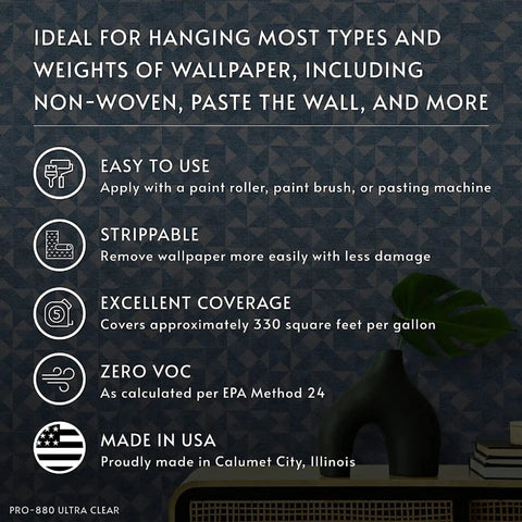 Text about Ultra Clear Strippable Wallpaper Adhesive And Paste For Any Wallcovering, Heavy Duty Formula, Easy Water Dilute, wall features.