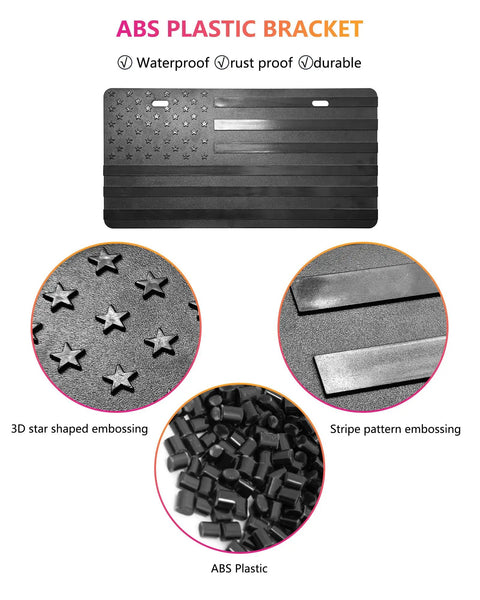 Front Bumper USA Flag License Plate Dope 3D Embossed Stars And Stripes On Black ABS Plastic Tag Plate Aluminum Frame Screws And Patriotic Decals Included For A Rugged Long Lasting Patriotic Look showing star and stripe embossing details