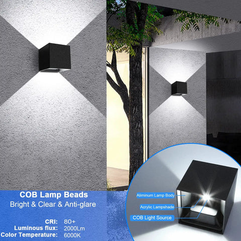20W 6000K LED Wall Sconce Up And Down Exterior Lighting Hardwired No Photocells Square 4.7 Inch IP65 Waterproof For Porch
