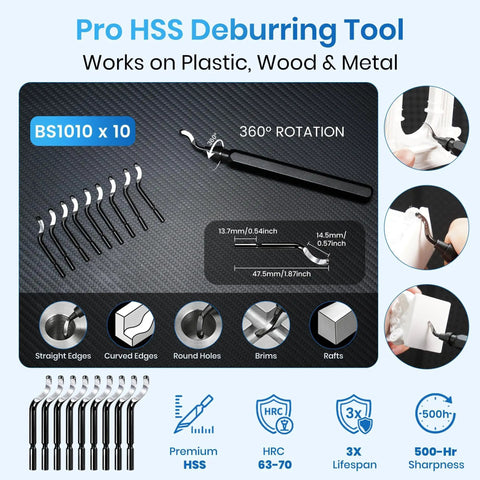 Pro HSS deburring tool with 360° rotation for plastic, wood, and metal, shown with dimensions and use on edges.