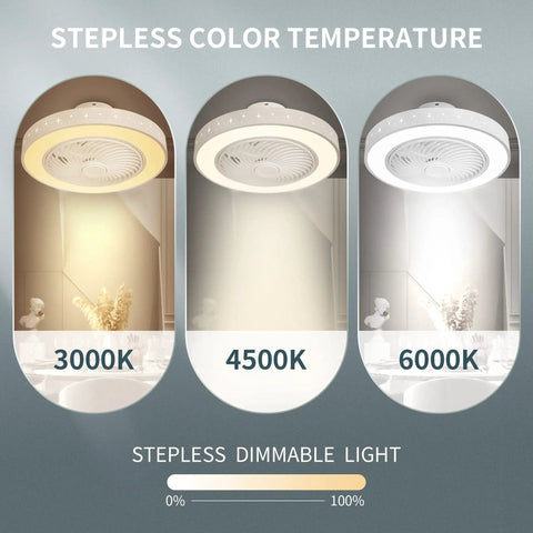 Dope Bladeless Ceiling Fan With Light for Small Spaces showing stepless dimmable LED light color temperatures 3000K, 4500K, 6000K