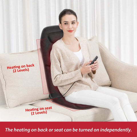 Woman using Vibration Back Massager Seat Cushion With Heat 10 Motor Chair Pad For Pain Relief At Home On Sofa