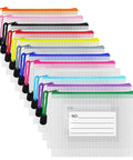 12 Pack Mesh Zipper Pouches With Label Pockets For Office Home And Travel Waterproof A6 Size File Bags in assorted colors