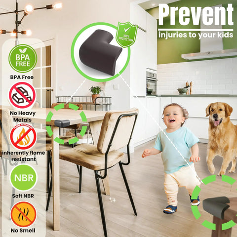 Soft Foam Corner Protectors For Babies And Kids With Pre Taped Adhesive To Shield Sharp Table Edges And Bed Frames Keeping Your Little Munchkins Totally Safe And Secure In Sleek Matte Black Four Pack in a modern kitchen setting.