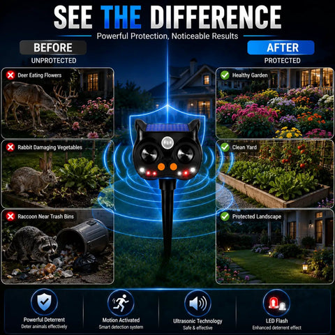 Solar Ultrasonic Animal Repeller With LED Strobe, Motion Sensor, And Adjustable Volume For Yard Deterrence Against Deer, Cats, Skunks, Squirrels, Raccoons Fortress Pro 4 Pack showing before and after garden protection